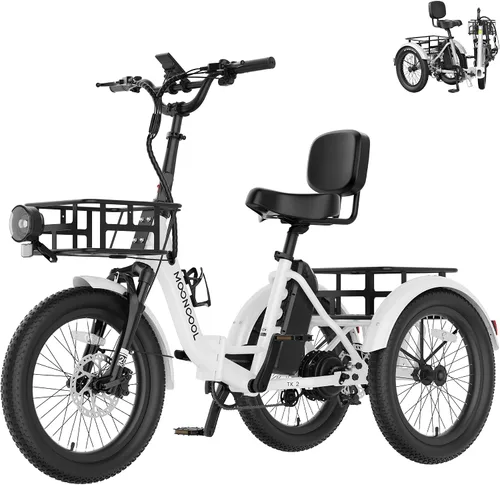 Vista 13 de MOONCOOL Triciclo eléctrico plegable para adultos, E-Trike de aluminio de 20 pulgadas con función de marcha atrás y opciones de largo alcance, Plata