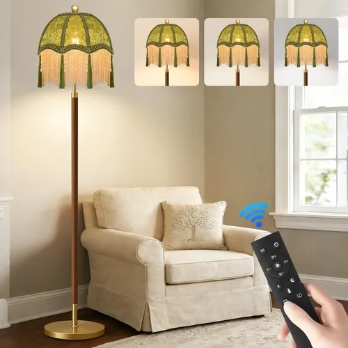 Vista 19 de Lámparas de pie doradas para sala de estar, dormitorio, lámpara de pie de cristal con control remoto y pantalla rosa, lámpara de pie regulable
