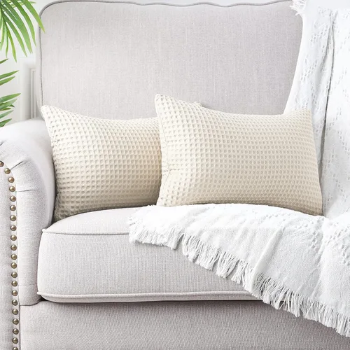 Vista 2 de MANDIOO Juego de 2 fundas de almohada lumbares con textura de gofre, fundas de cojín decorativas de algodón sólido suave para sofá, cama, 12 x 20