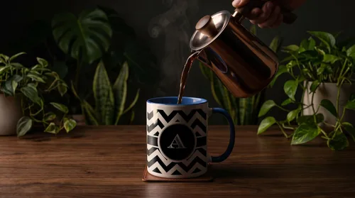 Vista 4 de 3dRose Taza azul de dos tonos con monograma de cheurón en blanco y negro con inicial A de 11 oz