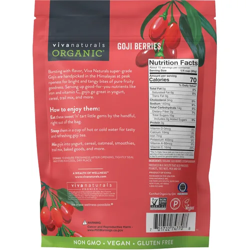Vista 2 de Bayas de Goji del Himalaya orgánicas, mucho más grandes y jugosas de Viva Labs, 1
