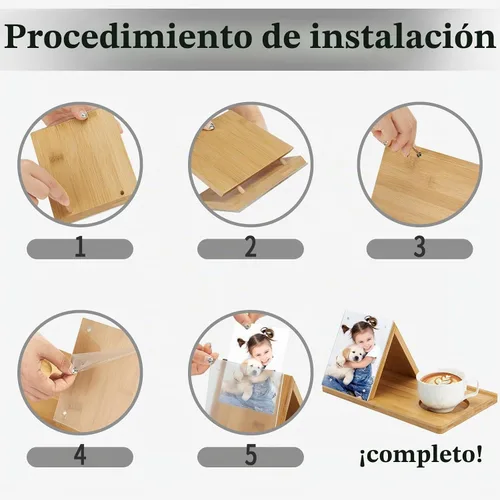 Vista 5 de Soporte para Libros de Bambú, Soporte Triangular para Libros con Marco de Imagen Acrílico, Descanso para Libros con Portavasos, Soporte para Tableta