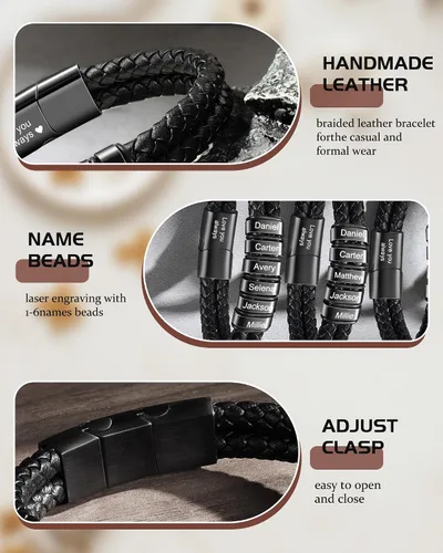 Vista 5 de Pulsera personalizada con nombre con 1-6 nombres, pulseras personalizadas de cuero trenzado grabado para hombres, regalos para Navidad, día de San
