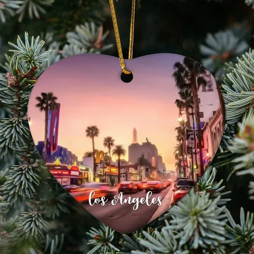 Vista 8 de Escena de la ciudad de Los Ángeles, paisaje urbano, paisaje natural, adorno de corazón, decoración de árbol de Navidad, adorno de Navidad plano