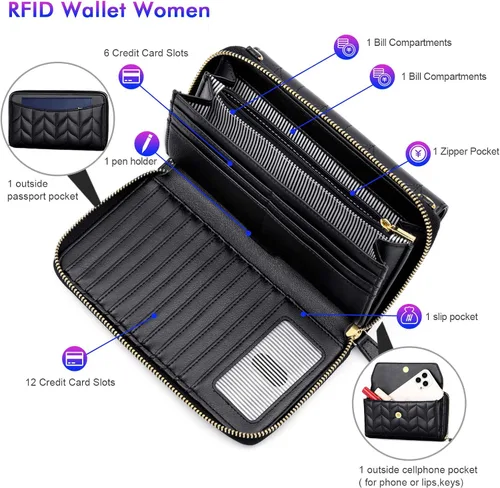 Vista 3 de nuoku Cartera RFID para mujer, bolso cruzado con cremallera alrededor de 2 correas