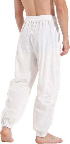 Vista 4 de perdontoo Pantalones de yoga casuales de algodón y lino con cordón de cintura elástica para hombre