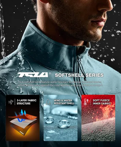 Vista 4 de TSLA - Chaleco Softshell sin mangas para hombre, chaleco cortavientos con cremallera completa, chaleco de senderismo, golf, viajes al aire libre.