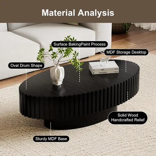 Vista 3 de Mesa de centro ovalada de tambor, mesa de centro acanalada ovalada, modernas y únicas mesas de té acanaladas, mesas centrales para sala de estar