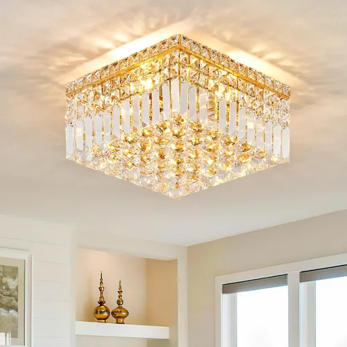 Vista 19 de Lámpara de araña de cristal empotrada de 4 luces con cristales K9, luces de techo modernas, elegante lámpara colgante para dormitorio, pasillo, bar