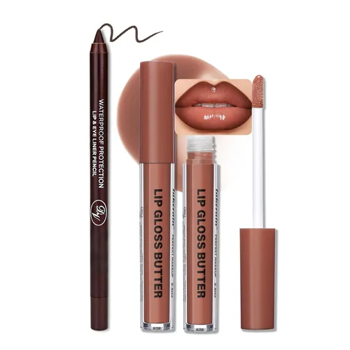 Vista 55 de BAISEN DIARY 2 en 1 doble punta mate delineador de labios y brillo de labios, lápiz combinado de labios marrón nude degradado, delineador de labios
