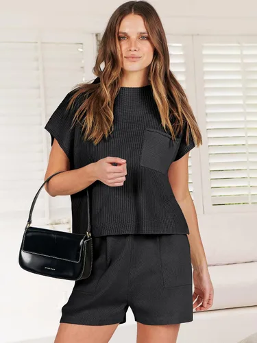 Vista 3 de ANRABESS Conjunto de dos piezas para mujer, suéter corto, suéter y pantalones cortos, conjunto de ropa de descanso