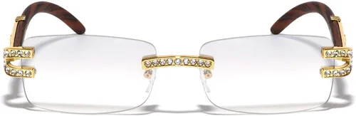 Vista 2 de V.W.E. Lentes transparentes de diseño con montura rectangular para hombre, sin montura y con diamantes de imitación, aspecto de madera