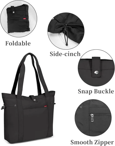 Vista 4 de YaKuss Bolsas de nailon para mujer, bolso de hombro con cincha lateral, impermeable, bolsa grande con cremallera, Negro -, Casual