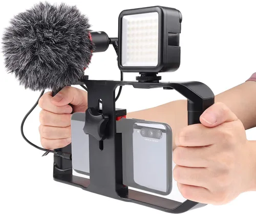 Vista 2 de FocusFoto PRO U-Rig - Soporte estabilizador para cámara de video para teléfono inteligente, agarre estabilizador con micrófono mejorado por-MM1+