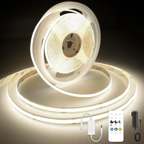 Vista 15 de AXMOTUT Tira de luces LED COB inteligentes de 9.84 pies, 24 V blanco cálido 2700 K, tiras de luz LED regulables, cinta de luz LED de alto brillo