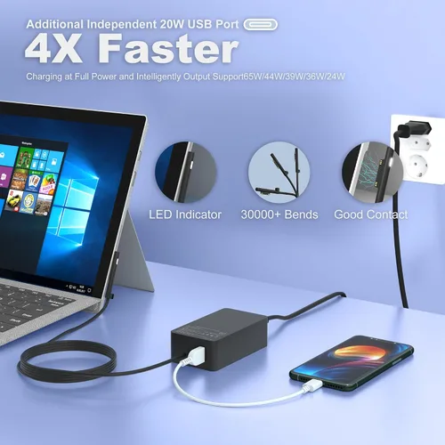 Vista 2 de Cargador Surface Pro 9 de 65 W - Compatible con Microsoft Surface Pro 9, 8, 7+, 7, 6, 5, 4, 3, X, Windows Surface Laptop 6, 5, 4, 3, 2, 1, Surface