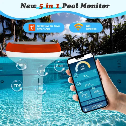 Vista 2 de YINMIK - Monitor inteligente de piscina, lector de sal de piscina con energía solar, medidor digital de sal de pH para piscina de agua salada