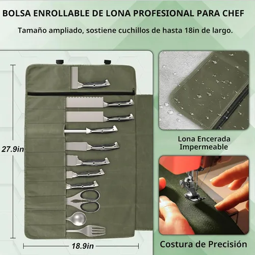 Vista 2 de lelezone Bolsa enrollable para cuchillos de chef, resistente al agua, funda de lona encerada para cuchillos, bolsas enrollables para chefs Verde