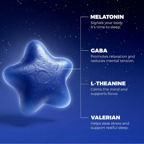 Vista 3 de Gomitas de melatonina de 10 mg con L-teanina + raíz de valeriana y GABA - Gomitas para dormir y restaurar para adultos - Apoyo nocturno natural