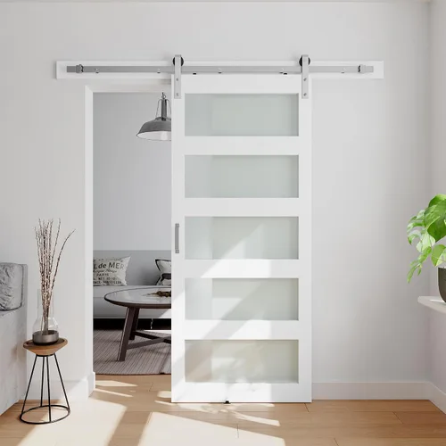Vista 9 de Puerta corrediza de granero de vidrio de 5 paneles de 32 pulgadas x 84 pulgadas con kit de herrajes de 4 pies Blanco