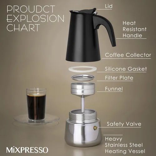 Vista 2 de Mixpresso Cafetera Espresso Greca Negra para Estufa de 6 Tazas 300ml/10oz, Olla Moka con Diseño de Percolador de Café, Cafetera de Acero Inoxidable