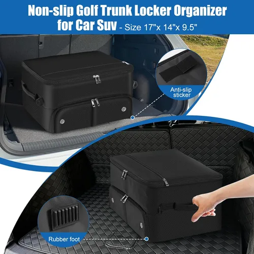Vista 3 de Organizador de maletero de golf para coche SUV con compartimento para zapatos y divisor Bolsa de almacenamiento de golf de 2 capas para bolas