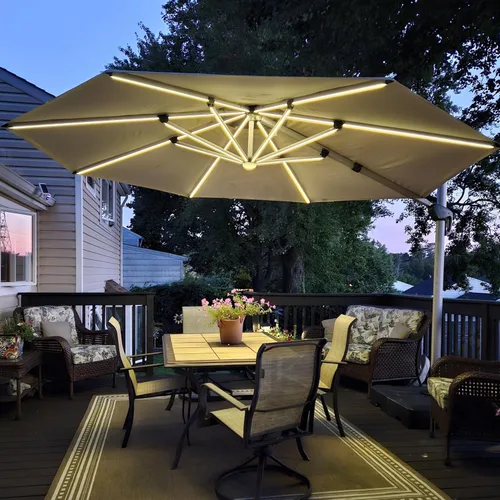 Vista 74 de PURPLE LEAF Sombrilla de patio de 9 x 12 pies con luces, sombrilla rectangular voladiza para exteriores, funciona con energía solar, LED