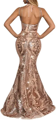 Vista 2 de Yissang Vestido de sirena de noche con lentejuelas florales para mujer