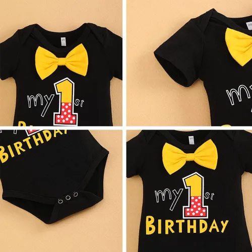 Vista 6 de IDOPIP Conjunto de mameluco con tirantes y diadema con orejas de ratón para bebé para primer cumpleaños