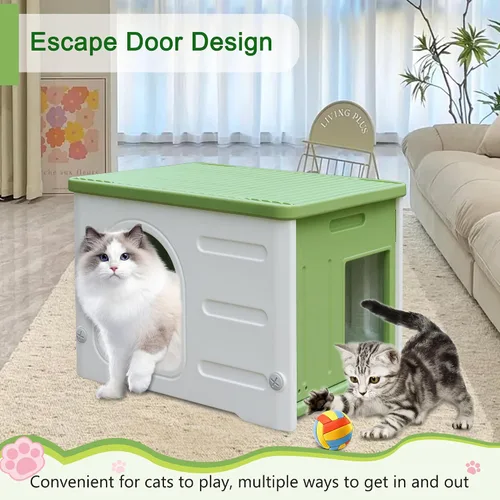 Vista 4 de Casa de plástico para gatos al aire libre e interior, casas impermeables para gatos con puerta de escape, casa resistente para gatos al aire libre