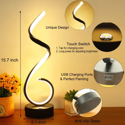 Vista 4 de Juego de 2 lámparas de mesa LED en espiral modernas, lámpara de mesa de control táctil de 10 W con puertos de carga USB, regulable, 3 modos de Negro