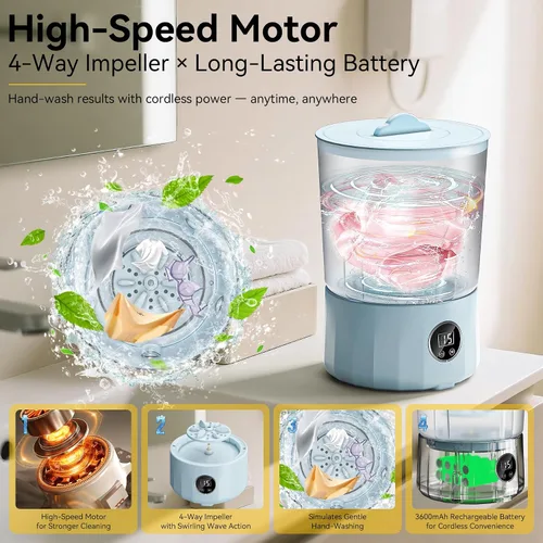 Vista 5 de Lavadora de ropa interior de 1.5L, mini lavadora portátil recargable con 3 modos de limpieza para ropa personal, ropa interior, calcetines, ropa