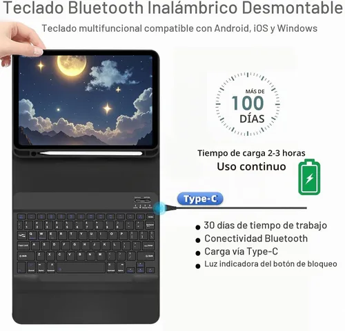 Vista 4 de Funda de teclado para Samsung Galaxy Tab S10 Lite / S10 FE / S9 FE / S9 10.9-11 pulgadas - Ratón y teclado desmontable, funda protectora delgada