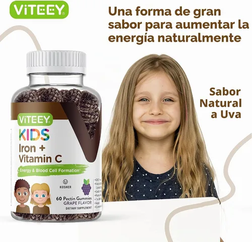 Vista 6 de Viteey - Hierro para niños con vitamina C, sabrosa gomita masticable con sabor a uva Supports Energy, Blood Cell Formulation, Blood Builder Anemia