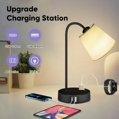 Vista 2 de Juego de 2 lámparas de mesa industriales para dormitorio, lámpara de noche táctil regulable de 3 vías para mesita de noche con puertos USB C+A