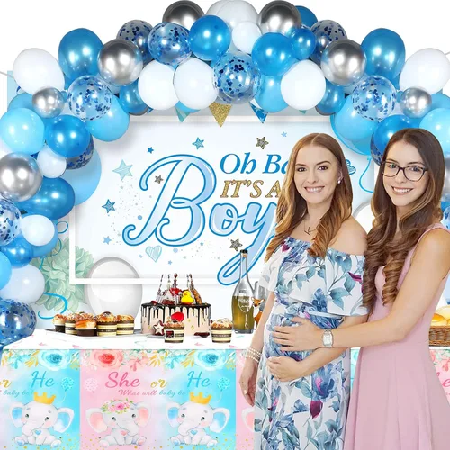 Vista 5 de PHOGARY Paquete de 3 manteles de revelación de género de bebé para decoración de fiesta de niño o niña, elefantes bebés rosas o azules, manteles
