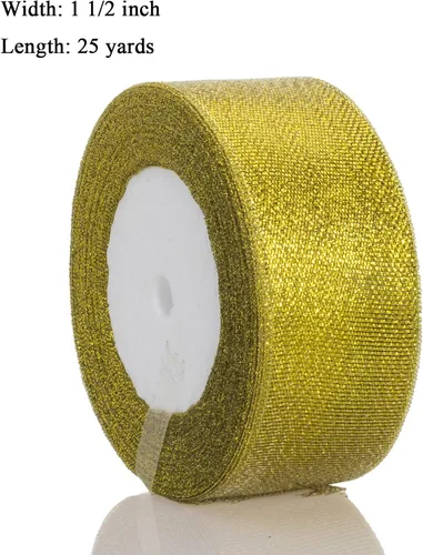 Vista 3 de YASEO Cinta de purpurina dorada de 1 1/2 pulgadas, 25 yardas de cinta de tela metálica brillante para envolver regalos, decoración de fiestas