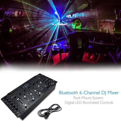 Vista 11 de Pyle Controlador DJ mezclador de 6 canales con Bluetooth, sistema de mezcla digital de sonido profesional con iluminación LED, controles