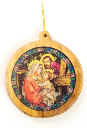 Vista 5 de Adornos de Navidad católicos – Sagrada Familia Bizantina Icono Redondo Adornos de Madera de Olivo de Tierra Santa – Pequeños adornos de Navidad