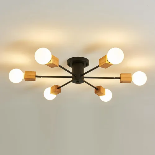 Vista 9 de Lámpara de techo de madera semiempotrada, 6 luces, lámpara Sputnik de madera rústica, iluminación de techo estilo granja, roble y negro con E26