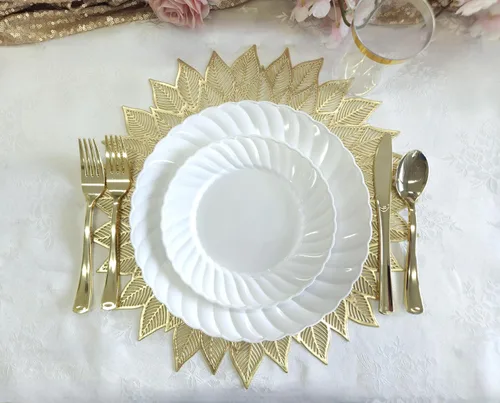 Vista 3 de Paquete de 10 manteles individuales metálicos de vinilo prensado/mantel individual decorativo de boda (Dhalia-dorado mate)