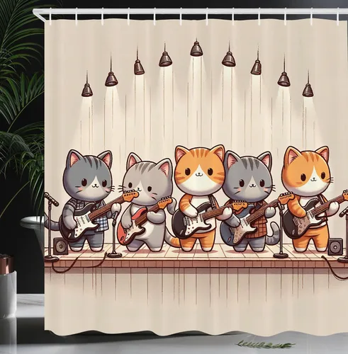 Vista 31 de Ambesonne Cortina de ducha de gato, diseño bohemio de estilo étnico con poses de gatitos sentados y acostados, juego de decoración de baño de tela