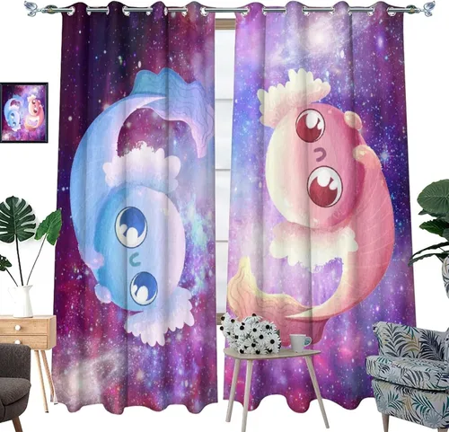 Vista 3 de Cortinas abstractas de ajolote con diseño de galaxia colorida y peces, con aislamiento térmico, oscurecimiento de habitación completa, para sala