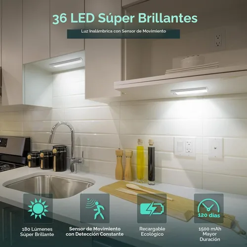 Vista 5 de Reoshine Iluminación para debajo del gabinete, 36 luces LED con sensor de movimiento recargable para interiores, luces de armario de 1500 mAh