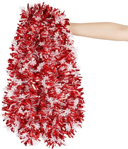 Vista 6 de CCINEE Guirnalda de oropel de Navidad de copo de nieve rojo de 32.8 pies, guirnalda metálica de oropel giratorio, decoración de árbol para fiesta
