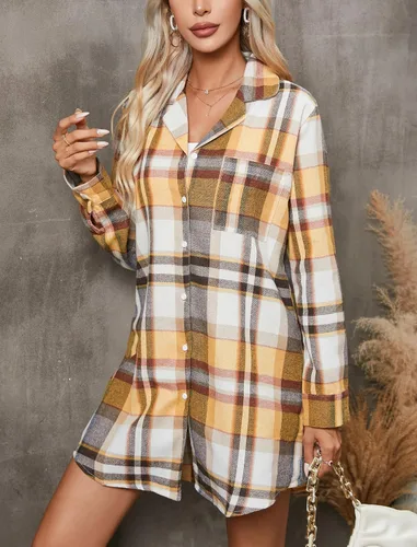 Vista 4 de Ekouaer Camisones de algodón para mujer, con botones, manga larga, a cuadros, estilo casual, para novio
