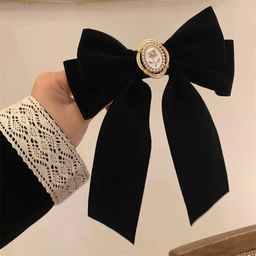 Vista 6 de 2 lazos de terciopelo para el cabello, clips de cinta negra, bonito clip de pico de pato, diseño elegante de perlas rosas, para cabello largo