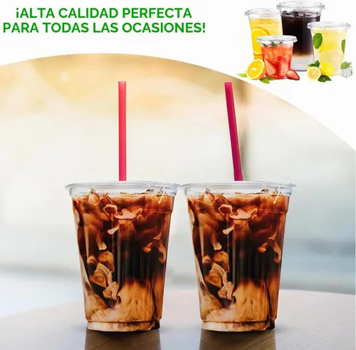 Vista 5 de Green Direct Vasos de plástico ultra transparentes con tapas planas para café helado, batido de té Boba (100, 10 onzas)
