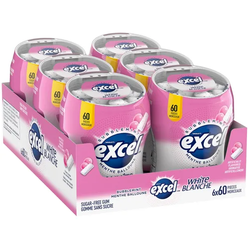 Vista 5 de Excel White Goma de mascar sin azúcar, Bubblemint, botella de 60 piezas, 6 quilates {Importado de Canadá}