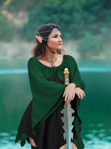 Vista 6 de AOTHSO 6 piezas de Halloween para mujer, disfraz medieval de elfo de hada, para cosplay, renacentista, tradicional, Azul Negro